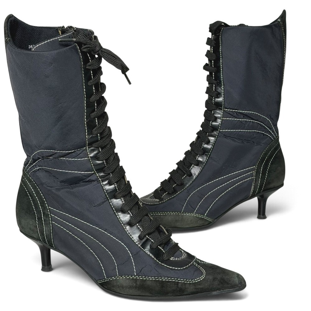 Fornarina Lace Up Kitten Heel Sneaker Boots 37 6.5 Black Y2K Streetwear Indie